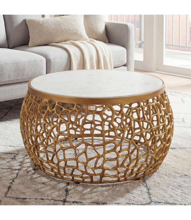 Wohnling Design metal salontafel goud met wit marmeren tafelblad 60 cm rond - Aluminium woonkamertafel Modern - Loungtafel Alu bijzettafel Woonkamer Handgemaakt