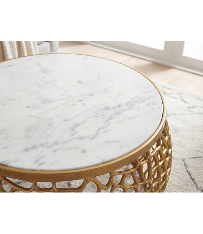 Wohnling Design metal salontafel goud met wit marmeren tafelblad 60 cm rond - Aluminium woonkamertafel Modern - Loungtafel Alu bijzettafel Woonkamer Handgemaakt