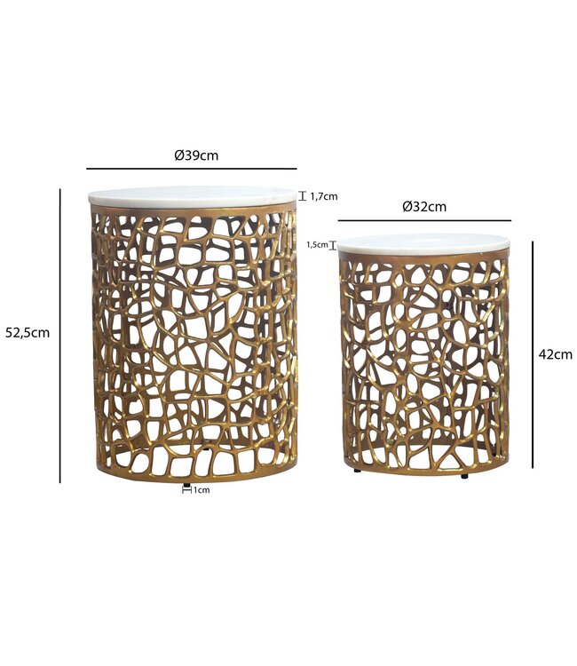 Wohnling 2-delige salontafelset goud met wit marmeren tafelblad - Woonkamertafel bijzettafel rond - Bijzettafel aluminium modern - Salontafelset aluminium metalen frame design handgemaakt