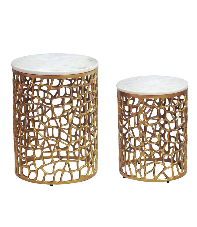 Wohnling 2-delige salontafelset goud met wit marmeren tafelblad - Woonkamertafel bijzettafel rond - Bijzettafel aluminium modern - Salontafelset aluminium metalen frame design handgemaakt