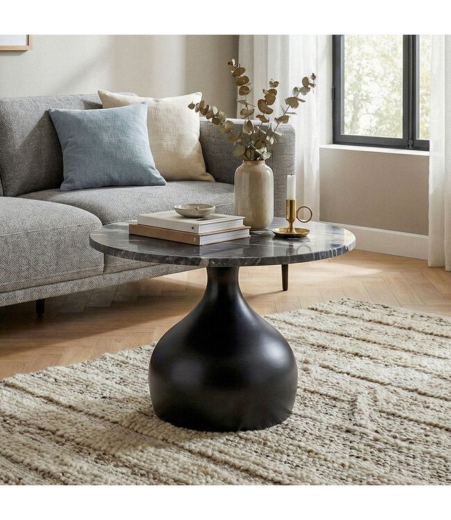 Wohnling Salontafel 60cm Aluminium met zwart marmeren tafelblad - Ronde woonkamertafel - Design banktafel - Moderne loungetafel - Elegante bijzettafel woonkamer Handgemaakt