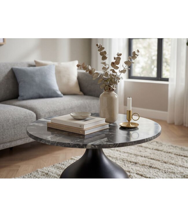 Wohnling Salontafel 60cm Aluminium met zwart marmeren tafelblad - Ronde woonkamertafel - Design banktafel - Moderne loungetafel - Elegante bijzettafel woonkamer Handgemaakt