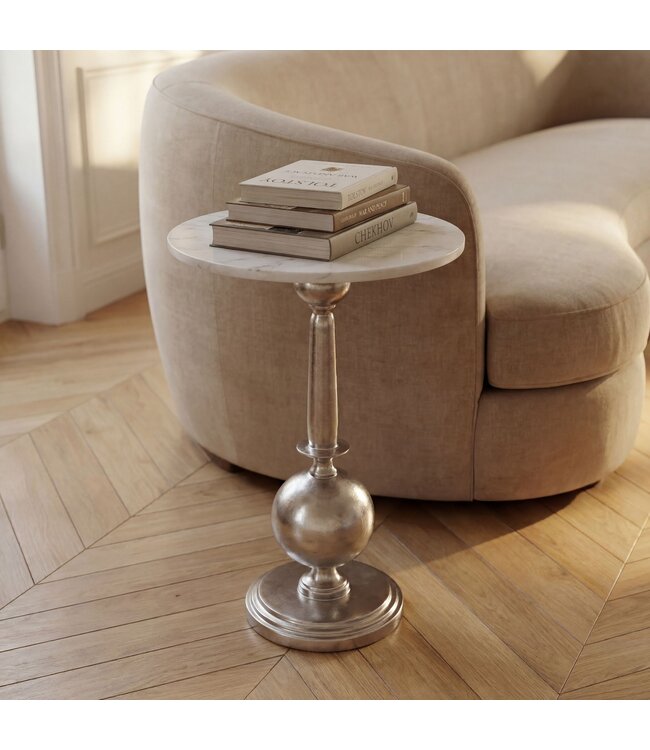 Wohnling Bijzettafel Rond 40x40cm Zilver met massief marmeren blad Wit - Design bijzettafel Metaal Natuursteen - Loungetafel Salontafel Art Déco - Banktafel Woonkamertafel Handgemaakt