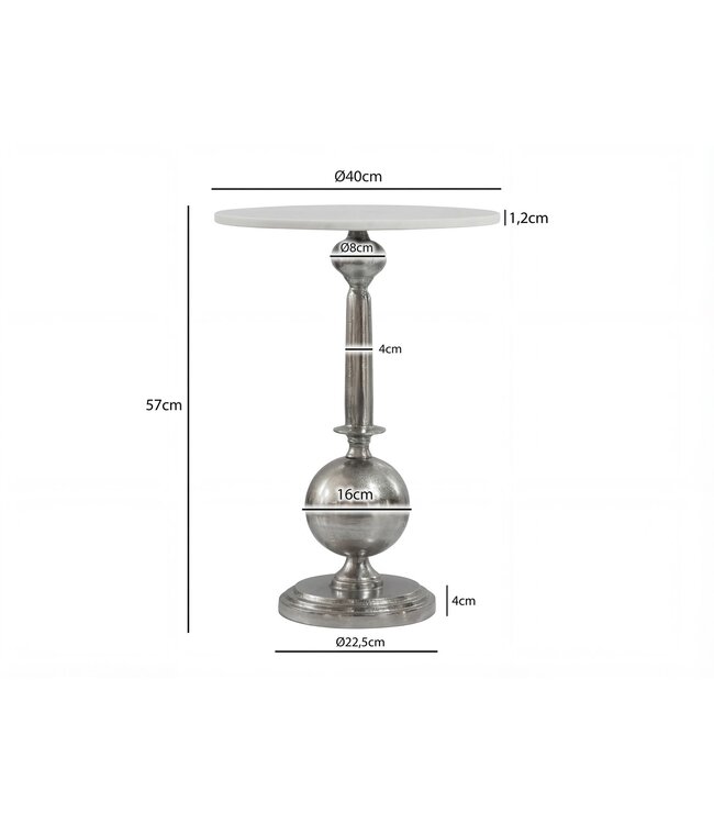 Wohnling Bijzettafel Rond 40x40cm Zilver met massief marmeren blad Wit - Design bijzettafel Metaal Natuursteen - Loungetafel Salontafel Art Déco - Banktafel Woonkamertafel Handgemaakt