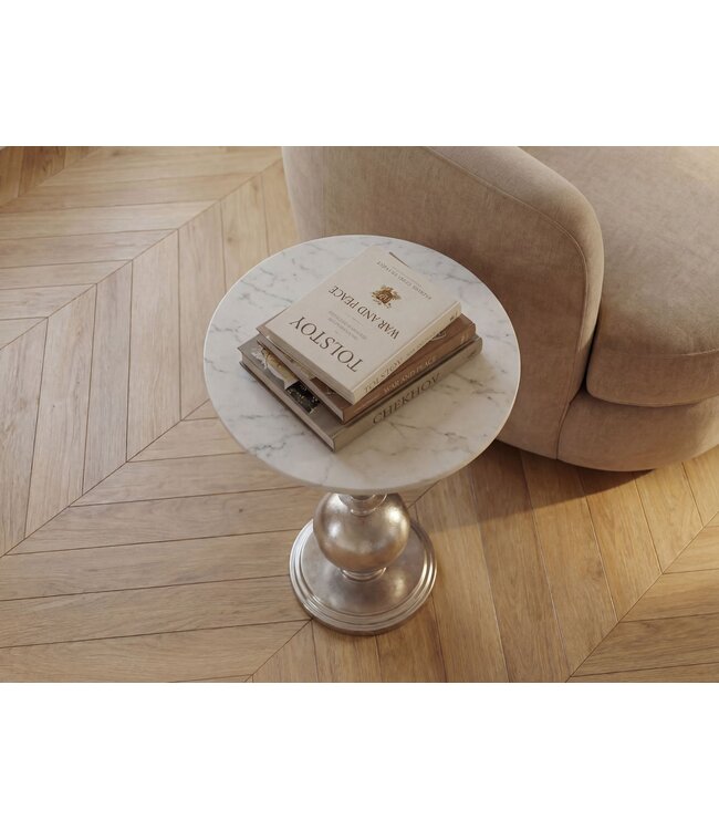 Wohnling Bijzettafel Rond 40x40cm Zilver met massief marmeren blad Wit - Design bijzettafel Metaal Natuursteen - Loungetafel Salontafel Art Déco - Banktafel Woonkamertafel Handgemaakt