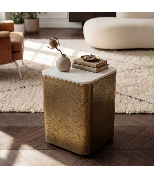 Wohnling Bijzettafel Metaal met wit Marmer Tafelblad 33cm vierkant - Moderne Aanrechttafel - Design Salontafel - Loungtafel - Elegante Woonkamertafel Handgemaakt