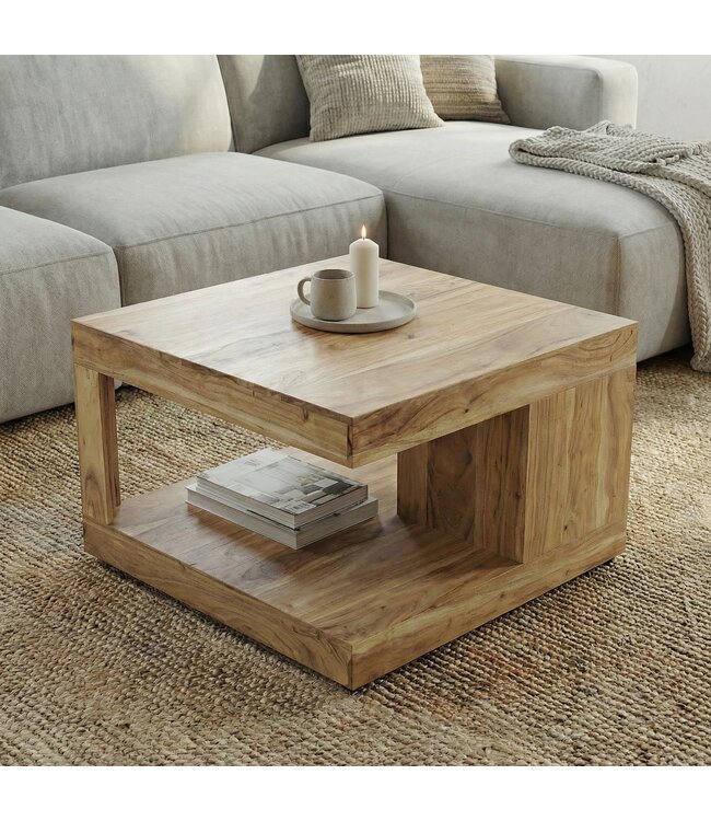 Wohnling Salontafel Acacia Massief Hout 60cm - Vierkante Woonkamertafel met Opbergvak - Design Sofa Tafel Hout - Open Loungtafel - Natuur Bijzettafel Handgemaakt