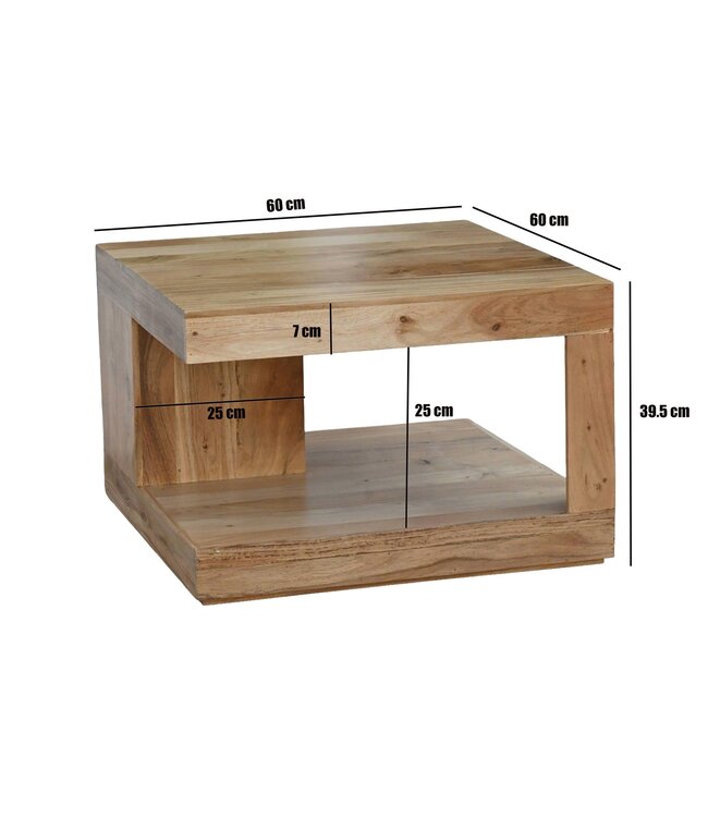 Wohnling Salontafel Acacia Massief Hout 60cm - Vierkante Woonkamertafel met Opbergvak - Design Sofa Tafel Hout - Open Loungtafel - Natuur Bijzettafel Handgemaakt