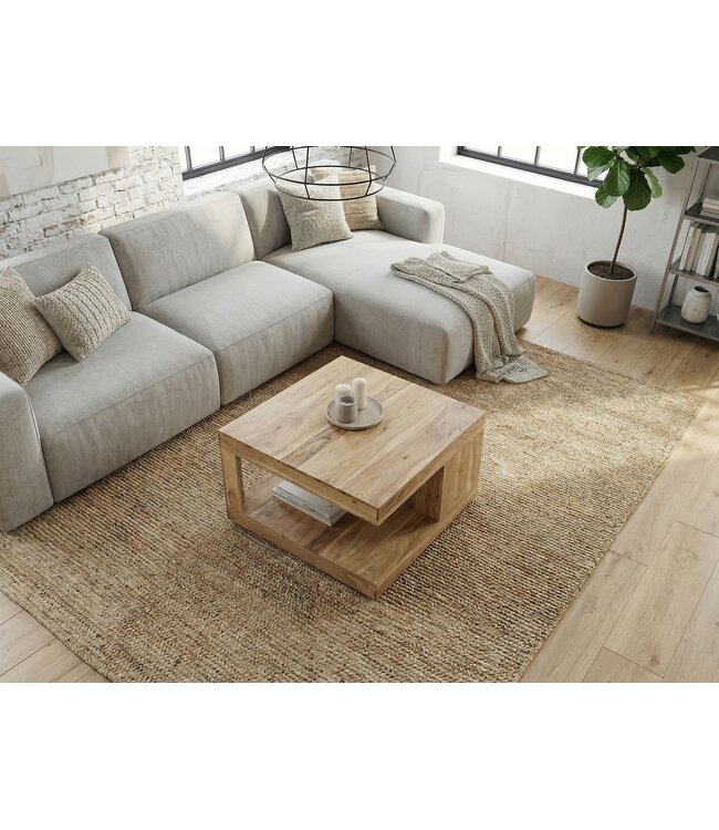 Wohnling Salontafel Acacia Massief Hout 60cm - Vierkante Woonkamertafel met Opbergvak - Design Sofa Tafel Hout - Open Loungtafel - Natuur Bijzettafel Handgemaakt