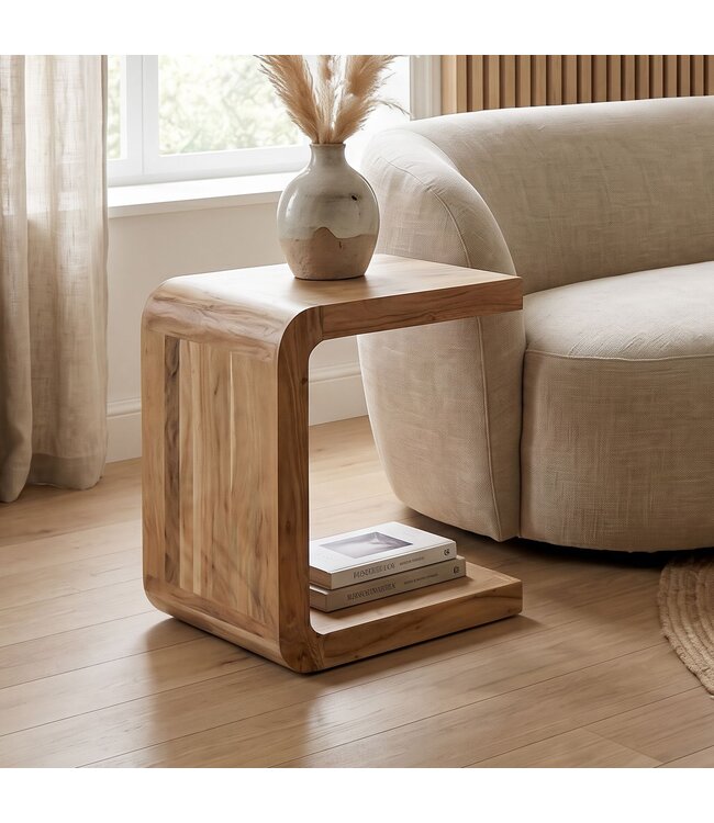 Wohnling Bijzettafel C Vorm Acacia Massief Hout 45cm Aanrechttafel Modern - Design Salontafel Massief - Kleine Afzettafel Hout - Woonkamertafel Koffietafel Handgemaakt