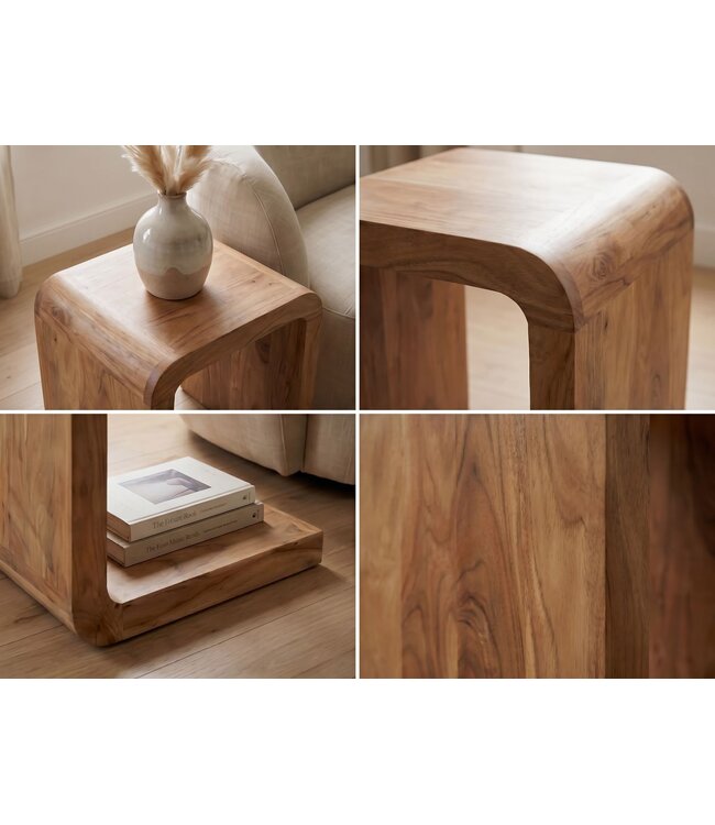Wohnling Bijzettafel C Vorm Acacia Massief Hout 45cm Aanrechttafel Modern - Design Salontafel Massief - Kleine Afzettafel Hout - Woonkamertafel Koffietafel Handgemaakt