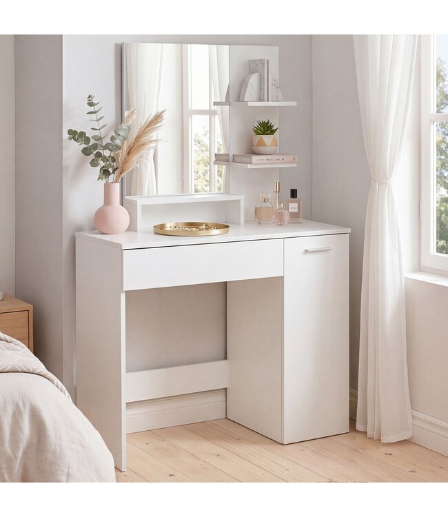 Wohnling Kaptafel 90cm Wit Make-uptafel Modern - Toilettafel met Spiegel en Plank - Witte Kaptafel met Lade en Deur - Grote Moderne Make-up Tafel