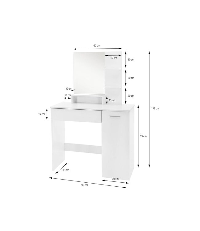 Wohnling Kaptafel 90cm Wit Make-uptafel Modern - Toilettafel met Spiegel en Plank - Witte Kaptafel met Lade en Deur - Grote Moderne Make-up Tafel