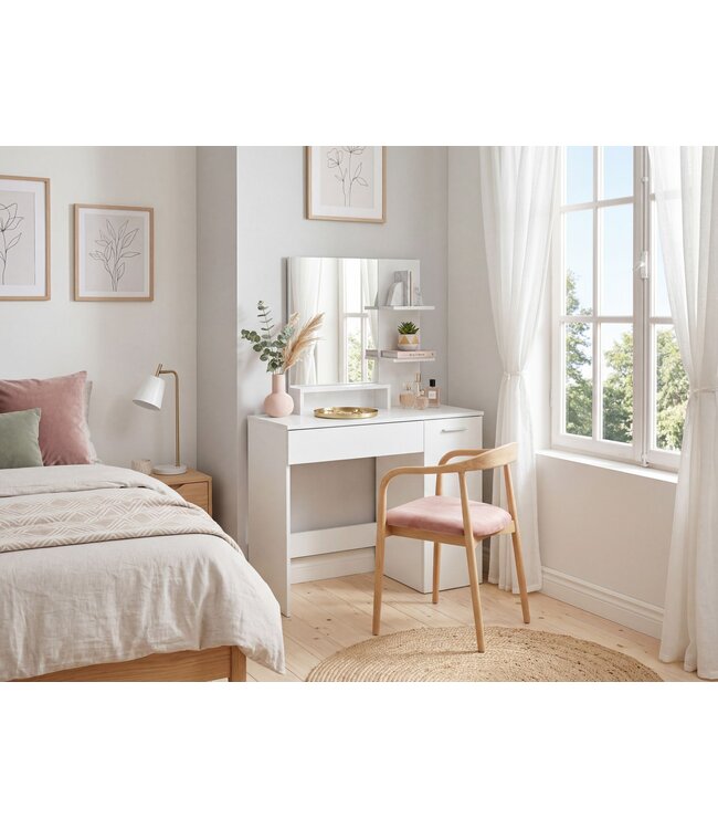 Wohnling Kaptafel 90cm Wit Make-uptafel Modern - Toilettafel met Spiegel en Plank - Witte Kaptafel met Lade en Deur - Grote Moderne Make-up Tafel