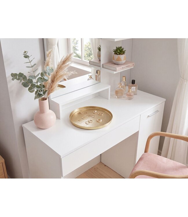 Wohnling Kaptafel 90cm Wit Make-uptafel Modern - Toilettafel met Spiegel en Plank - Witte Kaptafel met Lade en Deur - Grote Moderne Make-up Tafel