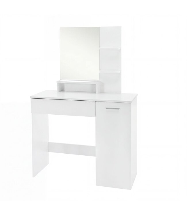 Wohnling Kaptafel 90cm Wit Make-uptafel Modern - Toilettafel met Spiegel en Plank - Witte Kaptafel met Lade en Deur - Grote Moderne Make-up Tafel
