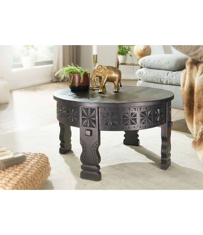 Wohnling Design Salontafel 60x36x60 cm Mango Massief Hout Ronde Zwarte Bijzettafel, Woonkamertafel Hout Massief, Tafel Woonkamer Oriëntaals, Koffietafel Loungtafel