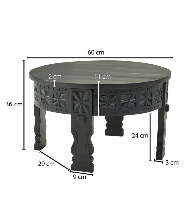 Wohnling Design Salontafel 60x36x60 cm Mango Massief Hout Ronde Zwarte Bijzettafel, Woonkamertafel Hout Massief, Tafel Woonkamer Oriëntaals, Koffietafel Loungtafel