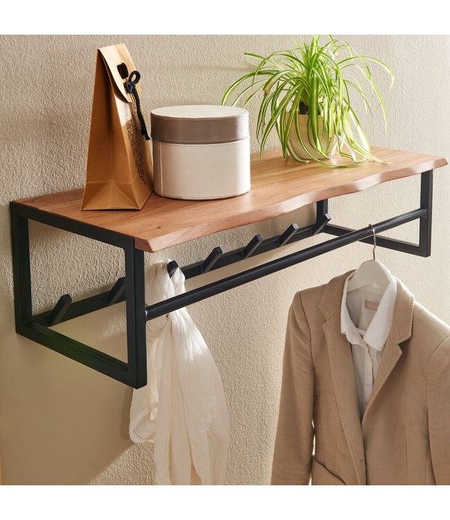 Wohnling design kapstok acacia massief hout / metaal 80x22x33 cm | Haakstang met plank en kledingroede | Hal garderobe garderobe muur hout
