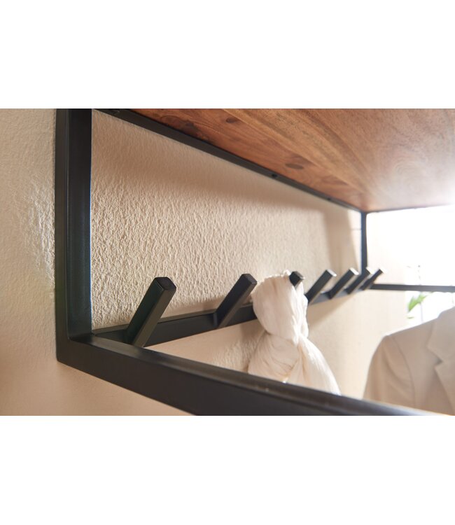 Wohnling design kapstok acacia massief hout / metaal 80x22x33 cm | Haakstang met plank en kledingroede | Hal garderobe garderobe muur hout