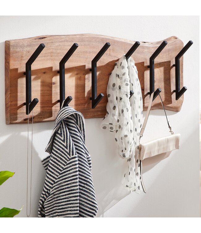 Wohnling design kapstok acacia massief hout / metaal 100 x 29 x 12,5 cm | Haakrail hal kapstok wand | Kledingkast hout