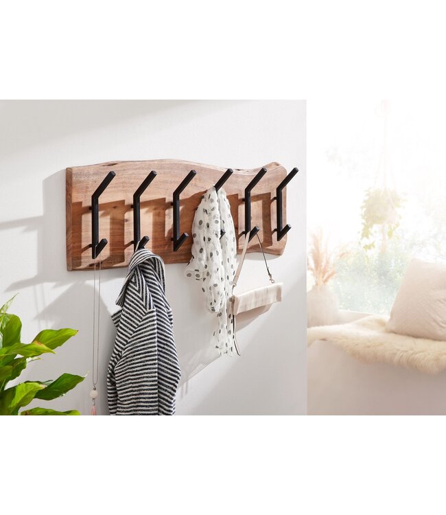 Wohnling design kapstok acacia massief hout / metaal 100 x 29 x 12,5 cm | Haakrail hal kapstok wand | Kledingkast hout