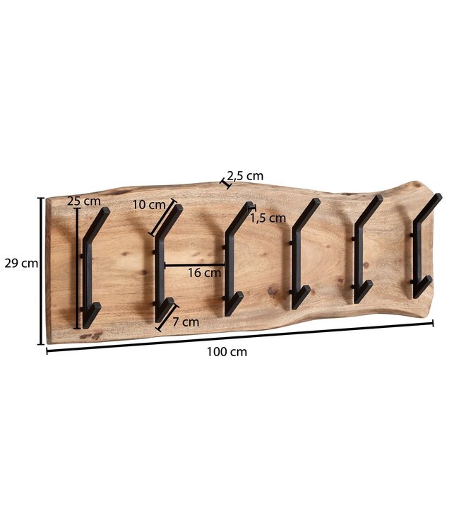 Wohnling design kapstok acacia massief hout / metaal 100 x 29 x 12,5 cm | Haakrail hal kapstok wand | Kledingkast hout