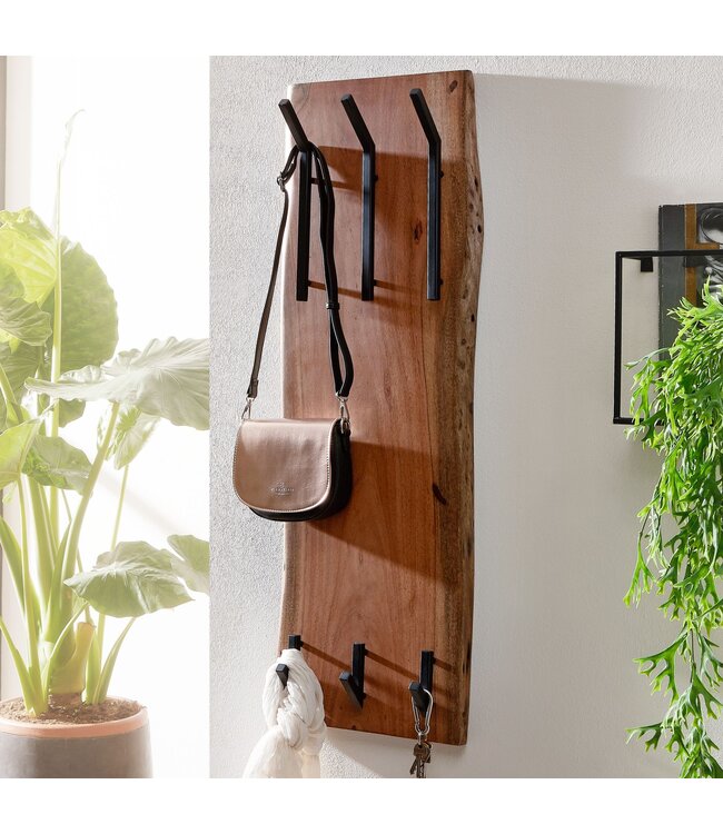 Wohnling design kapstok acacia massief hout / metaal 35,5 x 100 x 11 cm | Hakenrail 2-rijige hal kapstok wand | Kledingkast hout