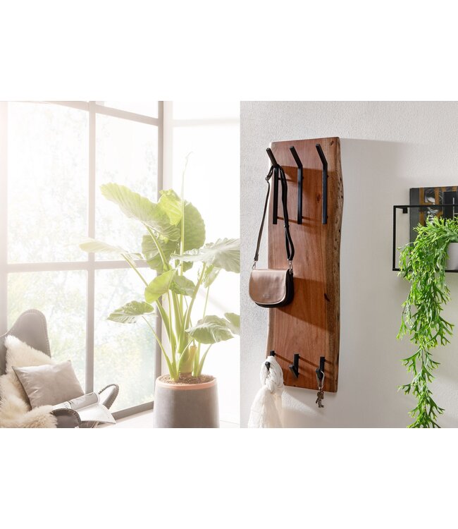 Wohnling design kapstok acacia massief hout / metaal 35,5 x 100 x 11 cm | Hakenrail 2-rijige hal kapstok wand | Kledingkast hout