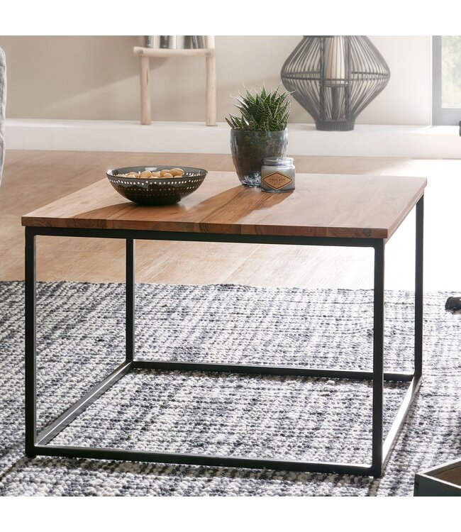 Wohnling salontafel 60x60x41 cm massief houten metalen salontafel salontafel acacia | Industriële kamertafel | Houten tafel, salontafel, massief | Tafel woonkamer