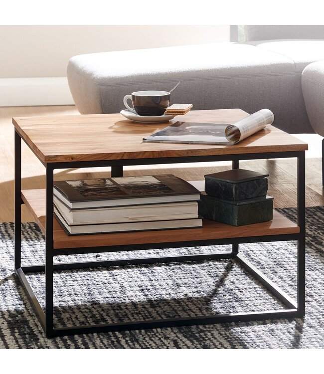 Wohnling salontafel 60x60x41 cm massief houten metalen salontafel salontafel acacia | Industriële kamertafel met opbergruimte | Vierkante houten tafel, stevige salontafel