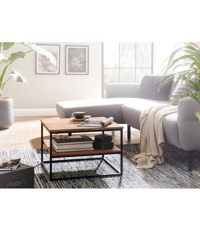 Wohnling salontafel 60x60x41 cm massief houten metalen salontafel salontafel acacia | Industriële kamertafel met opbergruimte | Vierkante houten tafel, stevige salontafel