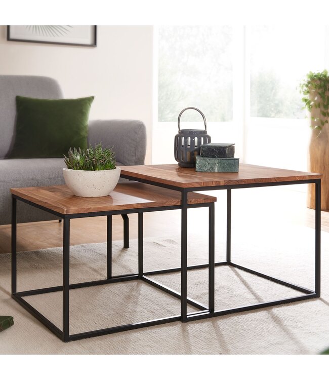 Wohnling salontafel set van 2 acacia massief hout / metalen bijzettafel hoekig | Design salontafel met metalen poten Salontafel | 2-delige placemat nesttafel