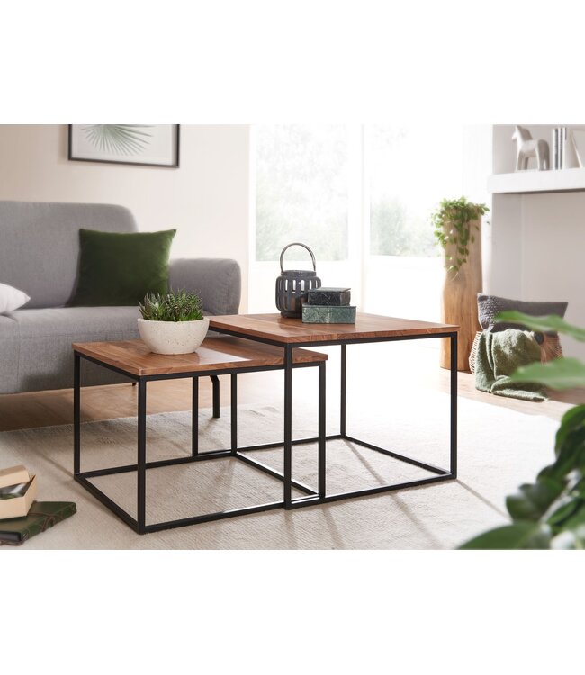 Wohnling salontafel set van 2 acacia massief hout / metalen bijzettafel hoekig | Design salontafel met metalen poten Salontafel | 2-delige placemat nesttafel