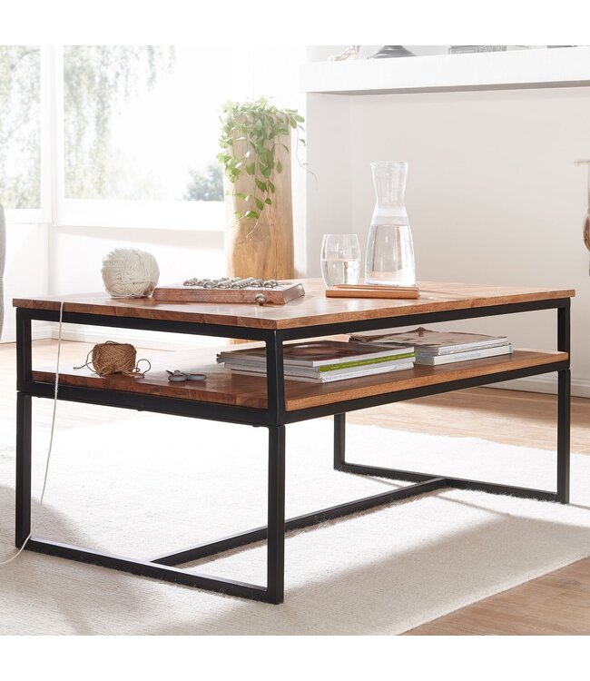 Wohnling salontafel 100x60x45 cm massief houten metalen salontafel salontafel acacia | Industriële kamertafel met opbergruimte | Houten tafel, salontafel, massief