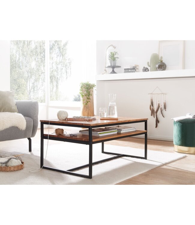 Wohnling salontafel 100x60x45 cm massief houten metalen salontafel salontafel acacia | Industriële kamertafel met opbergruimte | Houten tafel, salontafel, massief