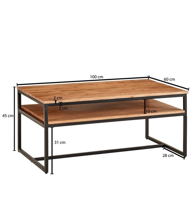Wohnling salontafel 100x60x45 cm massief houten metalen salontafel salontafel acacia | Industriële kamertafel met opbergruimte | Houten tafel, salontafel, massief