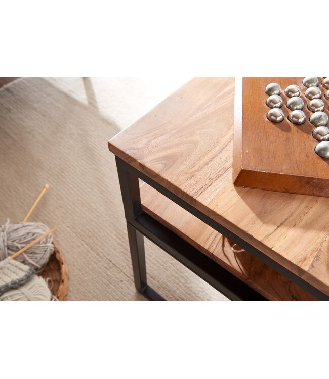 Wohnling salontafel 100x60x45 cm massief houten metalen salontafel salontafel acacia | Industriële kamertafel met opbergruimte | Houten tafel, salontafel, massief