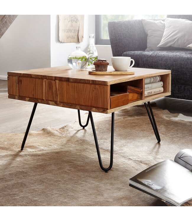 Wohnling salontafel 60x40x60 cm acacia massief hout / metalen design salontafel hoekig | Houten tafel met opbergruimte | Salontafel hout vierkant bruin