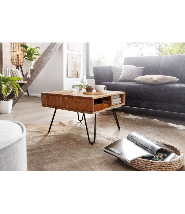 Wohnling salontafel 60x40x60 cm acacia massief hout / metalen design salontafel hoekig | Houten tafel met opbergruimte | Salontafel hout vierkant bruin