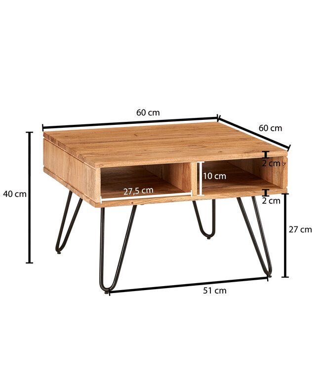 Wohnling salontafel 60x40x60 cm acacia massief hout / metalen design salontafel hoekig | Houten tafel met opbergruimte | Salontafel hout vierkant bruin