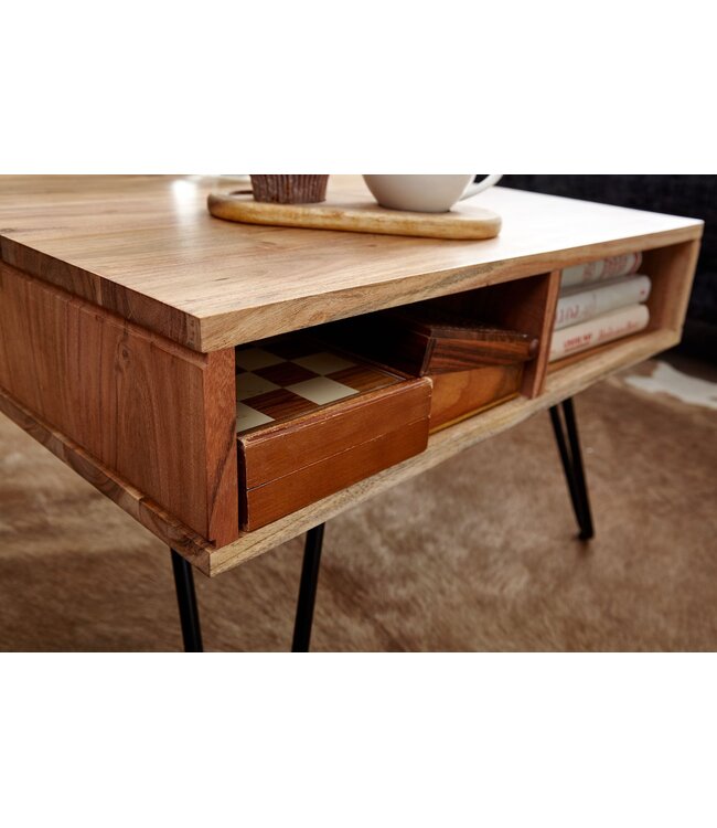 Wohnling salontafel 60x40x60 cm acacia massief hout / metalen design salontafel hoekig | Houten tafel met opbergruimte | Salontafel hout vierkant bruin
