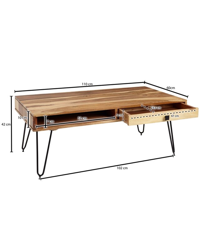 Wohnling Salontafel BAGLI Massief Acaciahout 110 cm breed Woonkamertafel Design Metalen Poten Landelijke Stijl Bijzettafel Lade