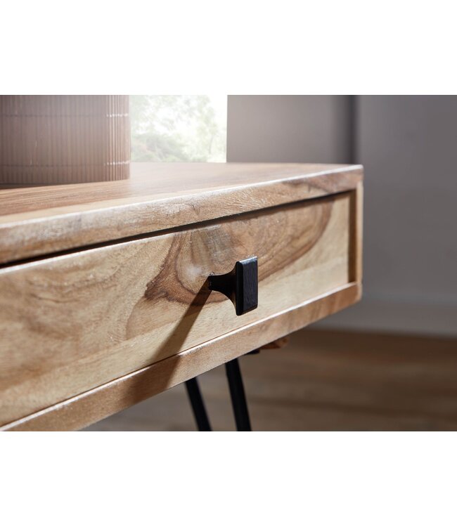 Wohnling Salontafel BAGLI Massief Acaciahout 110 cm breed Woonkamertafel Design Metalen Poten Landelijke Stijl Bijzettafel Lade