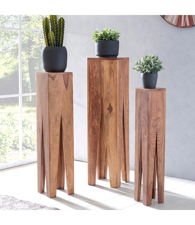 Wohnling bijzettafel set van 3 massief houten acacia woonkamertafel design kolommen landelijke stijl salontafel vierkant