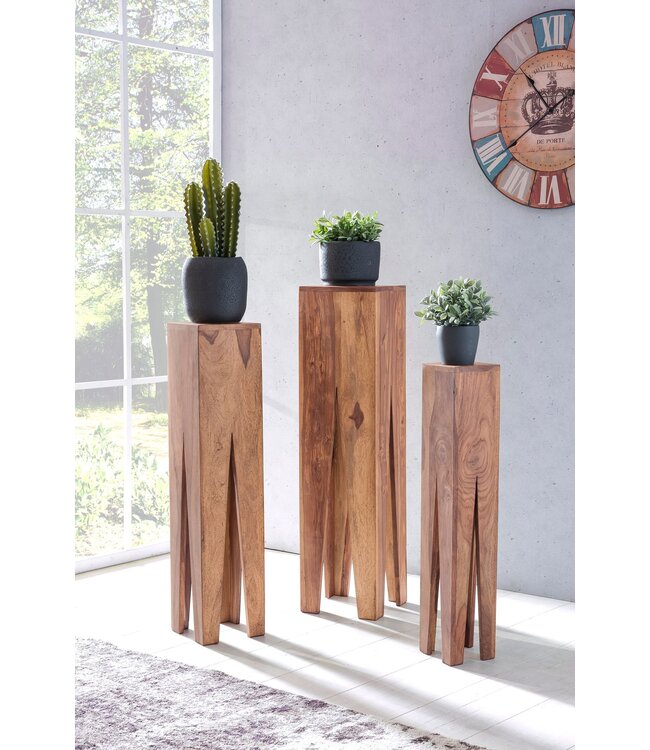 Wohnling bijzettafel set van 3 massief houten acacia woonkamertafel design kolommen landelijke stijl salontafel vierkant