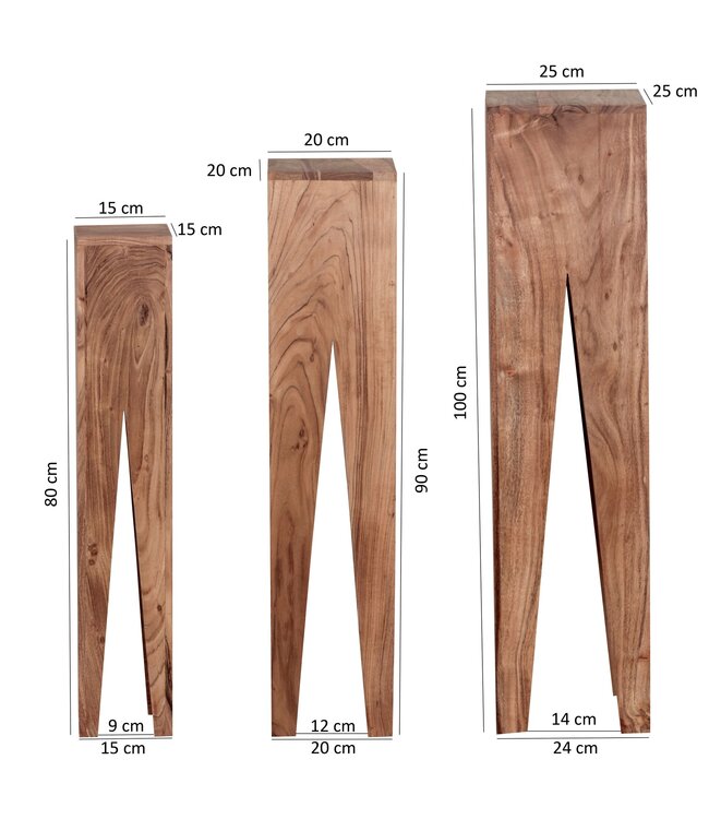 Wohnling bijzettafel set van 3 massief houten acacia woonkamertafel design kolommen landelijke stijl salontafel vierkant