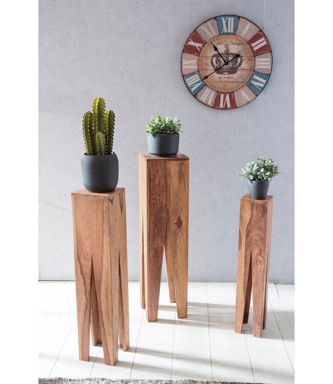 Wohnling bijzettafel set van 3 massief houten acacia woonkamertafel design kolommen landelijke stijl salontafel vierkant