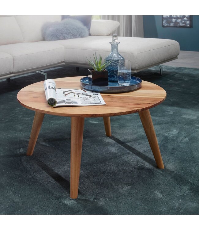 Wohnling salontafel Massief houten acacia | Woonkamer tafel Rond Ø75 x 40 cm | Tafel met 4 poten in landelijke stijl