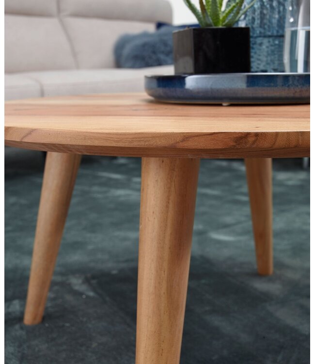 Wohnling salontafel Massief houten acacia | Woonkamer tafel Rond Ø75 x 40 cm | Tafel met 4 poten in landelijke stijl